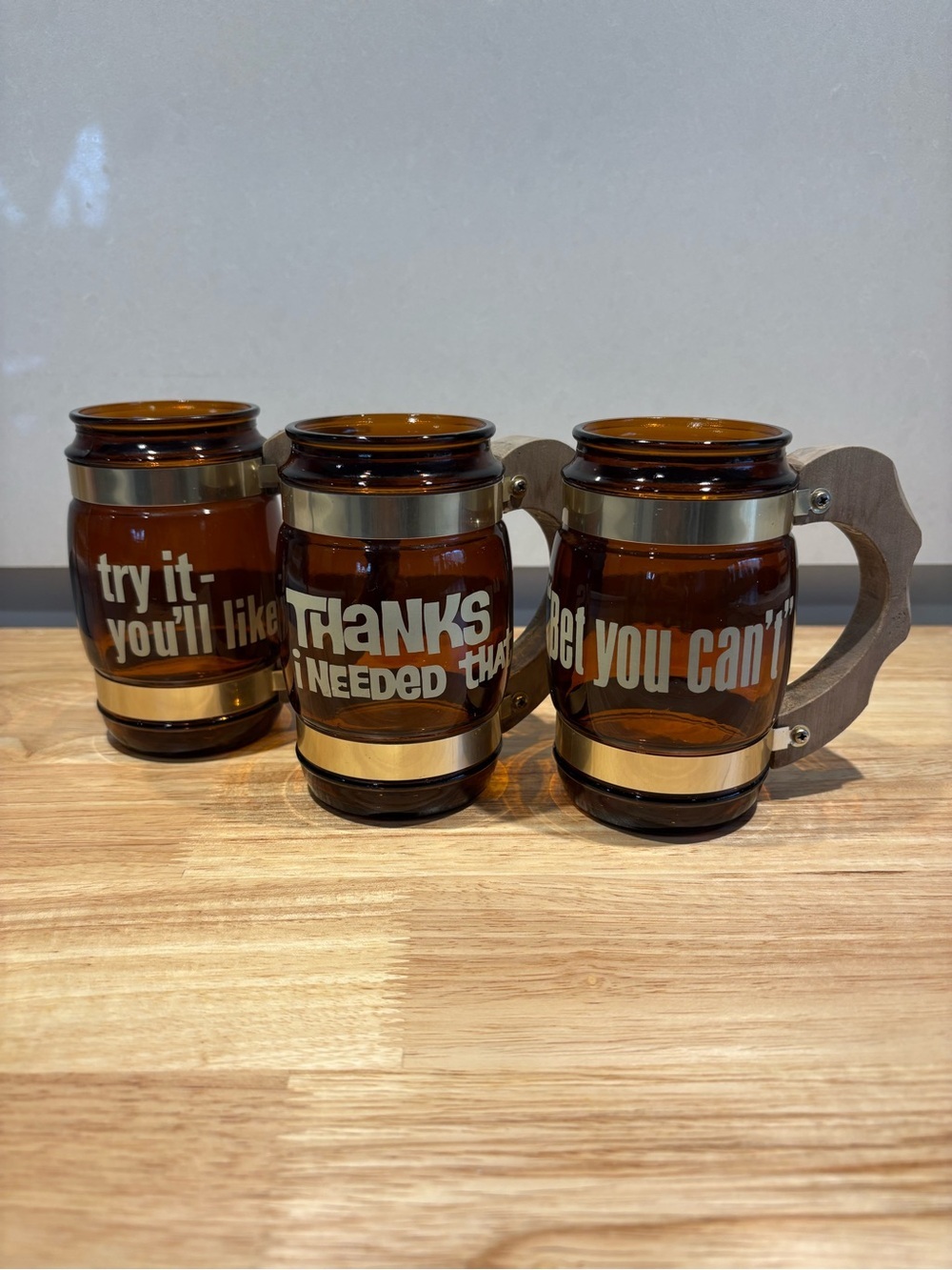 Vintage Siesta Ware Amber Glass Barrel Mugs Set of 3 - Retro Mid-Century Barware